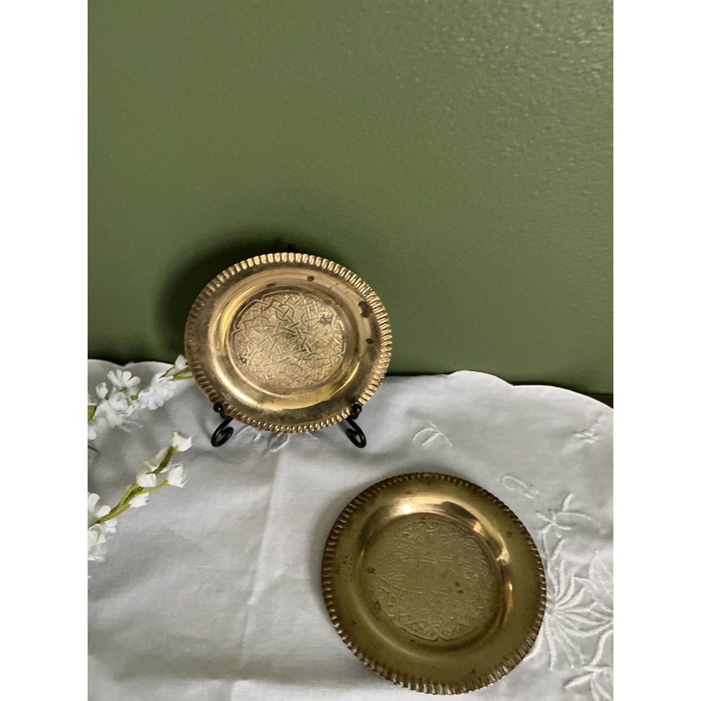 Vintage Etched Brass Candle Coasters Set of 2 Celtic Knot Small Trinket Dishes